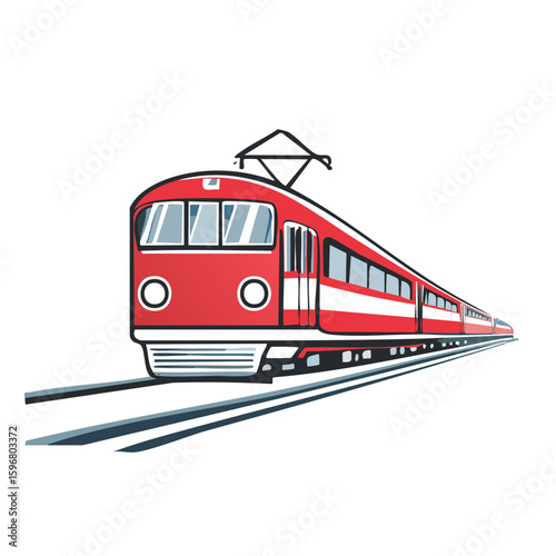 Red Commuter Train Rushing Along Rail Tracks, Overhead Electrical Wires