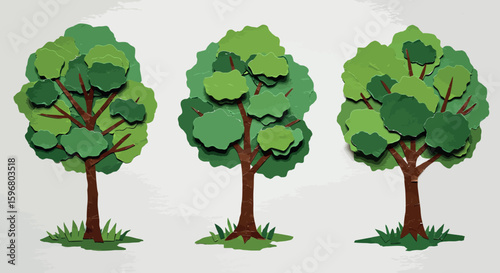 Vibrant paper cutout trees design with leafy branches and grass elements