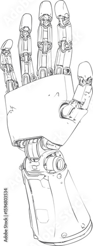 Mechanical hand sketch with detailed robotic fingers in monochrome design. Vector illustration