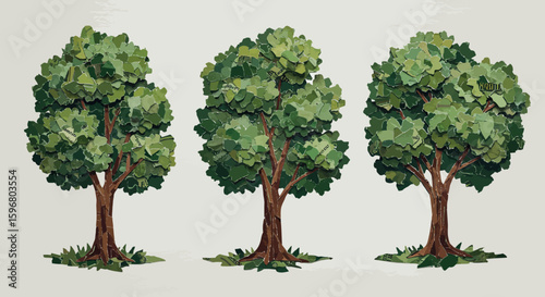 Three lush green trees in paper art style on light background