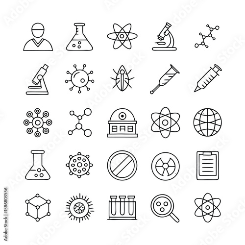 Scientific Nanotechnology Icons Pack | Outline Icons for Nano Engineering, Biotech Lab, Scientific Research, and Advanced Innovation