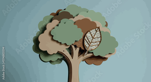 Paper-cut style tree with layered leaves and natural tones on blue background