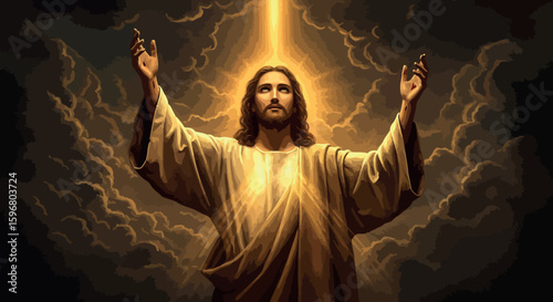 Divine radiance: glowing figure with raised arms among dramatic clouds
