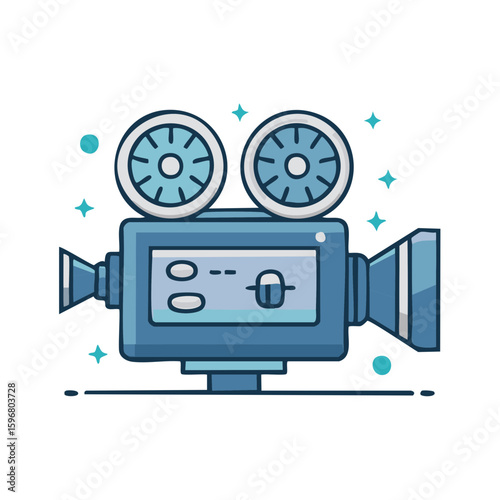 Retro style movie camera with spinning reels and shiny light blue details, film making equipment illustration.