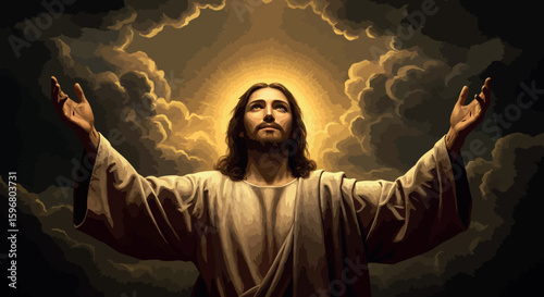 Divine light: a glorious portrait of jesus christ with uplifted hands in dramatic clouds
