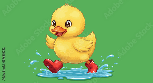 Cartoon duckling wearing red boots splashing in water on green background