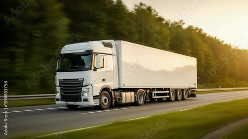 Large White Semi Truck Driving Along Highway During Golden Hour With Motion Blur Tracking Shot