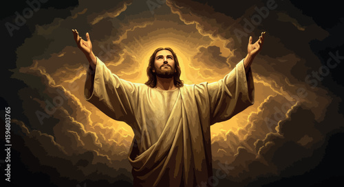 Divine light embracing: spiritual figure with radiant aura amidst dramatic clouds