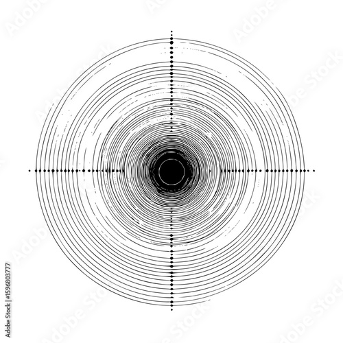 Abstract design featuring a central oval shape surrounded by radiating lines in black and white