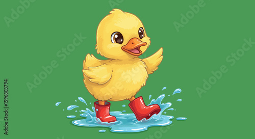 Cute duckling in red boots splashing in water on green background