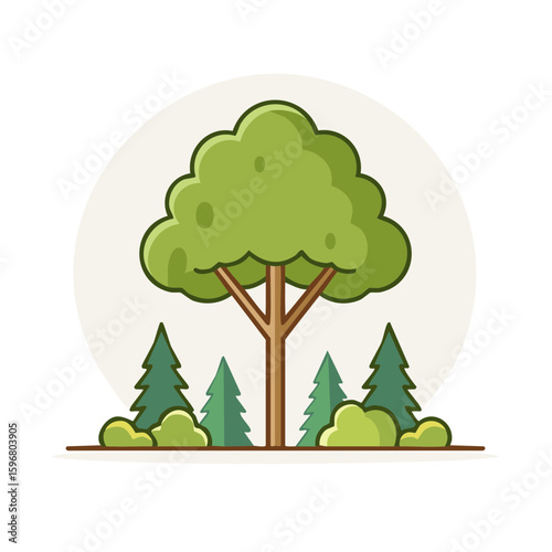 Illustration of trees and bushes with green foliage evokes natural forest scene