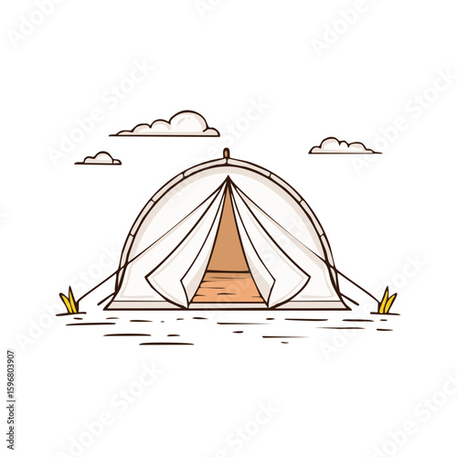 Camping tent illustration against a clear sky offering an idyllic camping experience in the serene wilderness with a minimal illustration style