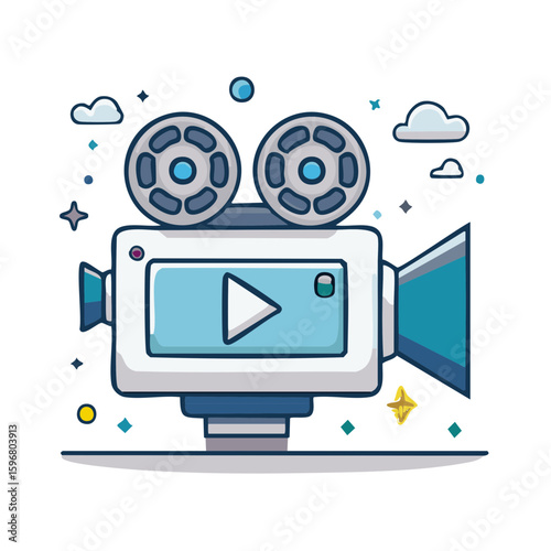 Cute Cartoon Movie Camera Illustration with Reels, Stars and Clouds isolated on white