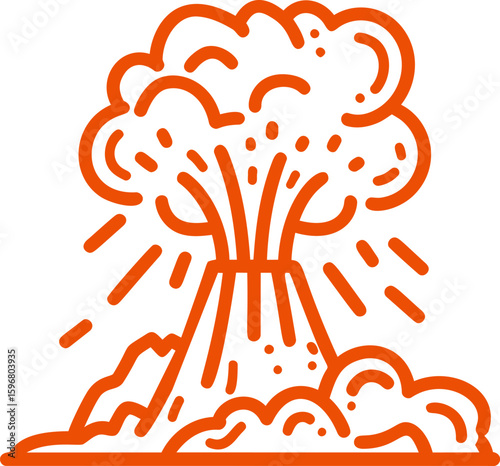 Line art of an erupting volcano in orange with clouds and rays of explosion. Vector illustration
