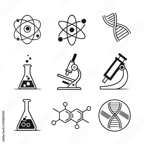 Minimalist Nanotech Vector Icons | Modern Linear Symbols for Lab Equipment, Biotechnology, Molecular Science, and Technological Innovation