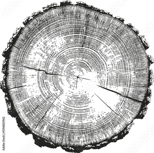 Detailed black and white illustration of a tree trunk cross-section with rings. Vector illustration