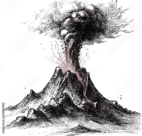 Volcanic eruption in black and white etching style illustration. Vector illustration