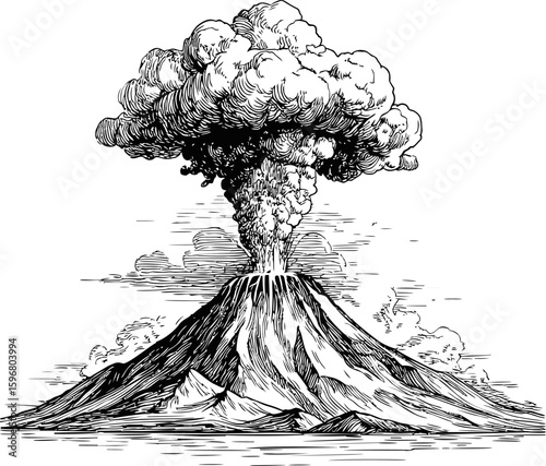 Black and white illustration of a volcano erupting with smoke clouds, line art style. Vector illustration