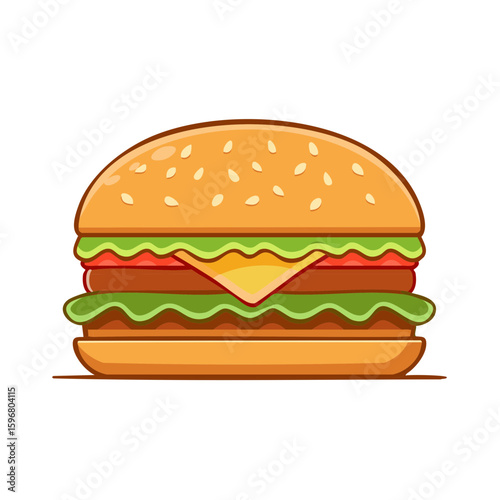 Savory burger graphic showcases stacked layers of lettuce, tomato, cheese, and beef patty topped with sesame seed bun