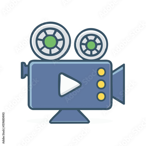 Retro movie camera icon, video symbol, film reels, play button, filmmaking concept, media