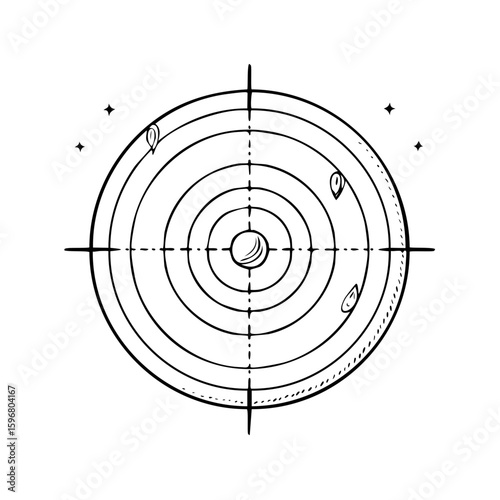 Celestial Target Artwork with Planets and Stars in a Circular Orbit Hand Drawn Illustration