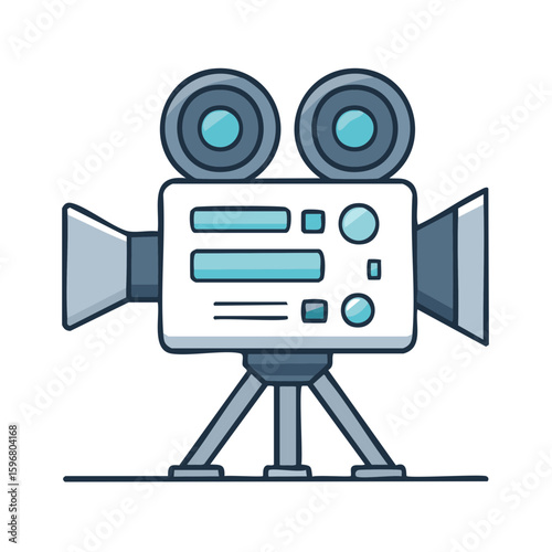 Illustration of an old-fashioned movie camera with two lenses supported by a tripod for filmmaking