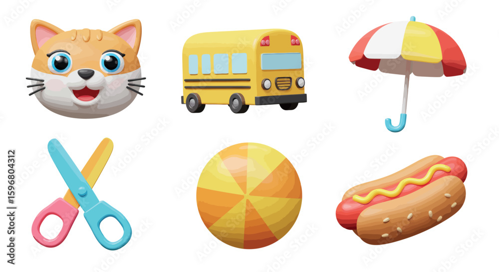 Fototapeta premium Colorful cartoon set: cat, school bus, umbrella, scissors, beach ball, hot dog