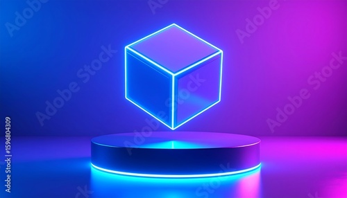 Neon cube on a dark podium