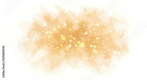 Abstract golden watercolor splash with light particles on white background