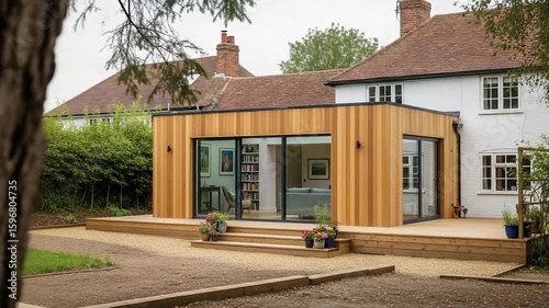 Architectural House Extension Featuring Modern Wooden Cladding Large Glass Doors and Spacious Deck