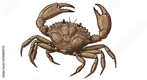 Detailed vintage crab sketch with intricate shading and texture