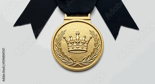 Golden medal with crown and laurel design on dark ribbon
