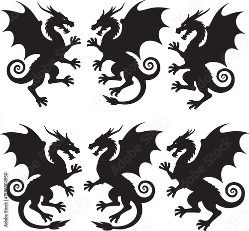 Black dragons with wings and claws silhouette white