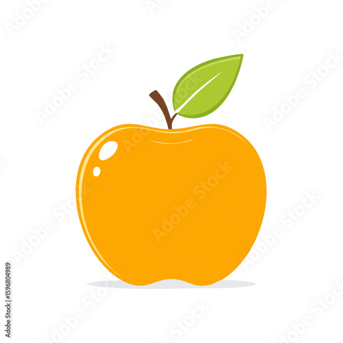 Illustration of a Bright Yellow Apple Fruit with Stem and Leaf on a White Background