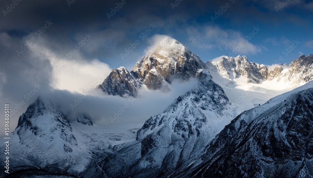 Obraz premium majestic mountain peaks shrouded in dramatic winter clouds a breathtaking landscape of snow capped mountains swirling mist and dynamic light