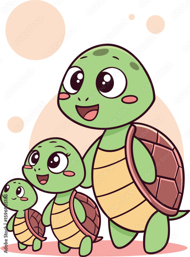 Obraz premium Three cartoon turtles walking together with peach circles