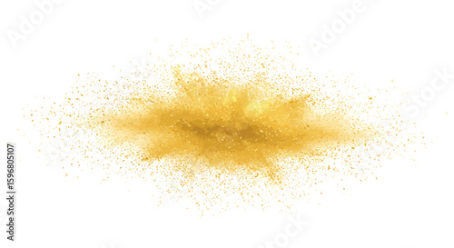 Golden glitter burst with sparkling particle explosion in white background