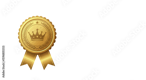 Gold award emblem with crown design and ribbon on white background