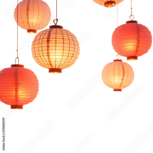 Hanging paper lanterns decoration for chinese new year and mid autumn festival celebration event party on transparent background