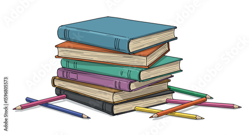 Colorful stack of books with pencils on white background