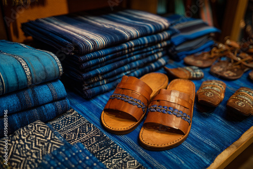 A table featuring Nicaraguan indigo-dye textiles folded beside handcrafted leather sandals arranged neatly for display.