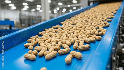 Raw Peanuts Moving on Blue Conveyor Belt in Modern Food Production Facility