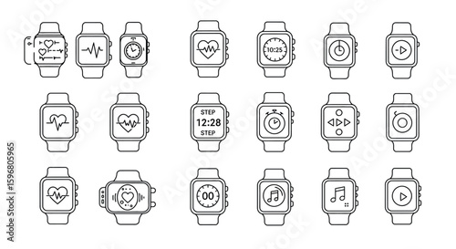 Minimalist smartwatch line art displaying fitness and music features