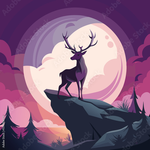 Composition of a circle an with elk staying on the top of the mountain