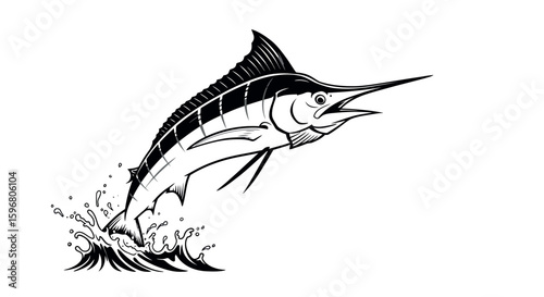 Dynamic marlin leaping from water: black and white graphic of sport fishing