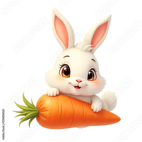 Cute bunny rabbit holding carrot illustration for easter spring animal cartoon drawing design element clip art on transparent background