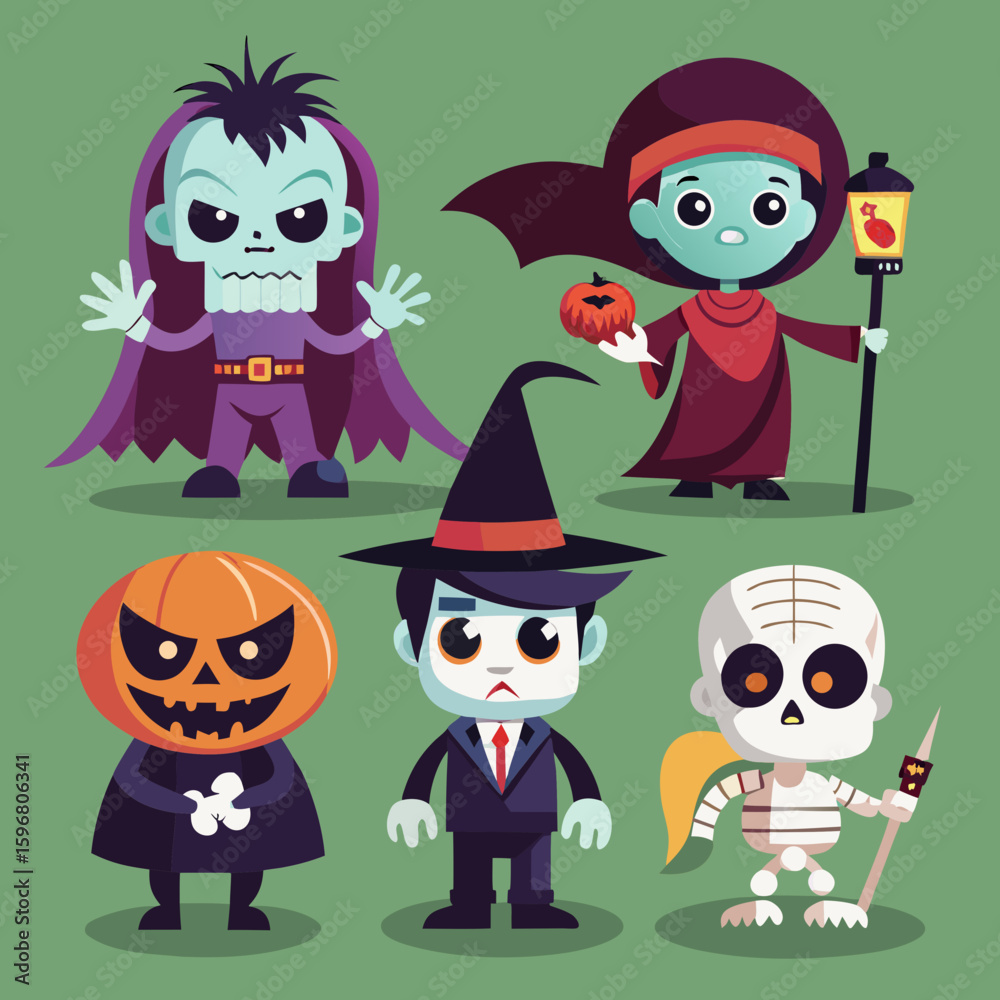 Fototapeta premium Cute halloween characters including a skeleton vampire pumpkin witch and mummy