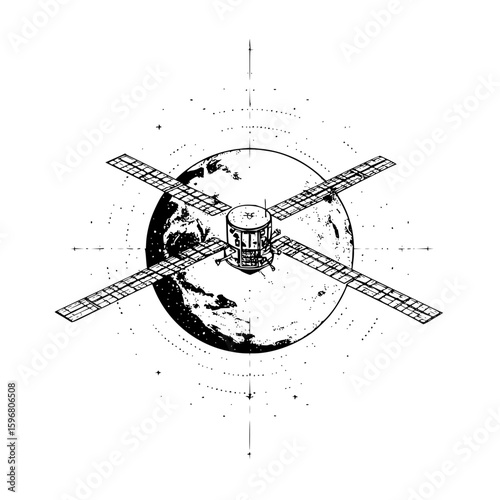 A sketch of planet earth surrounded by dotted rings with an arrow pointing towards it in black and white