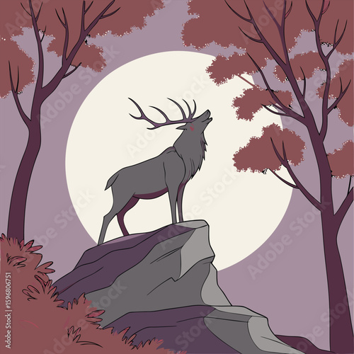 Composition of a circle an with elk staying on the top of the mountain