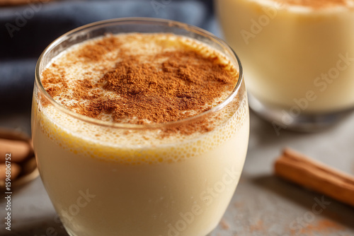 A close-up of Atol de Elote (sweet corn drink), thick and creamy, with a dusting of cinnamon, a comforting beverage.